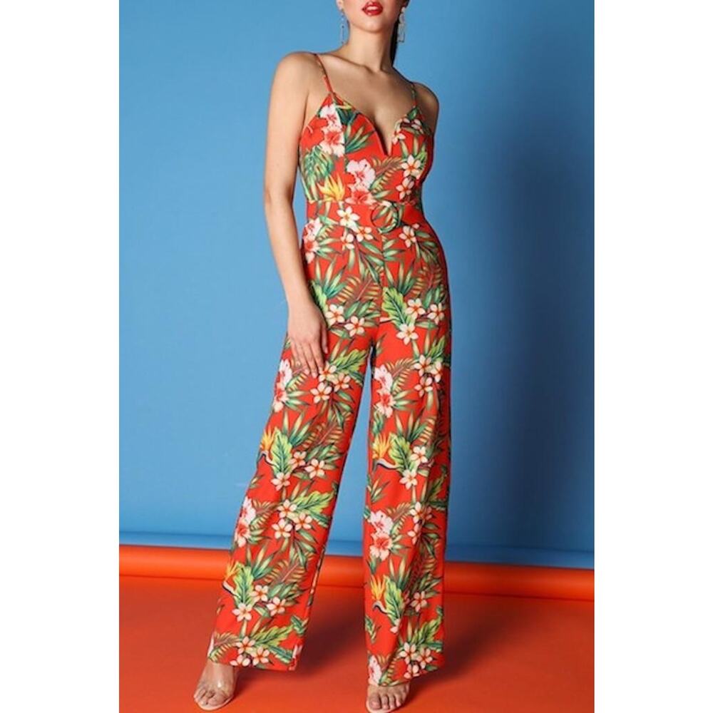 Lucen Palm Print Wide Leg Jumpsuit - Tropical Style!